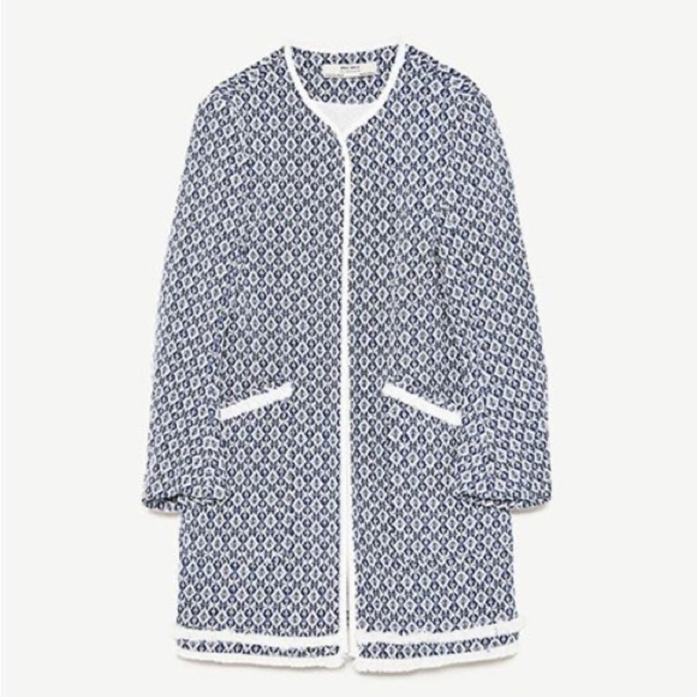 Zara Frayed Printed Coat, Ecru/Blue, Size Small